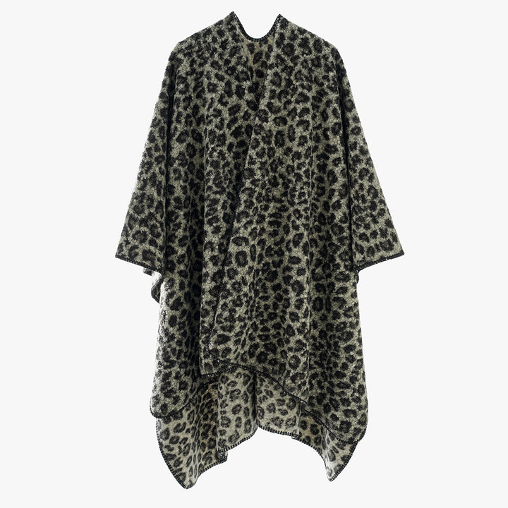 Women's Rectangular Wrap Ruana with Leopard Boucle and Fine Overlock Edging Mune Fashion