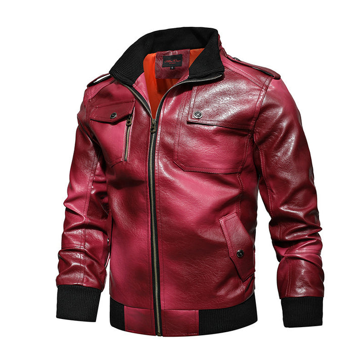 Men's pilot jacket made of synthetic leather with stand-up collar and utility pockets Mune Fashion