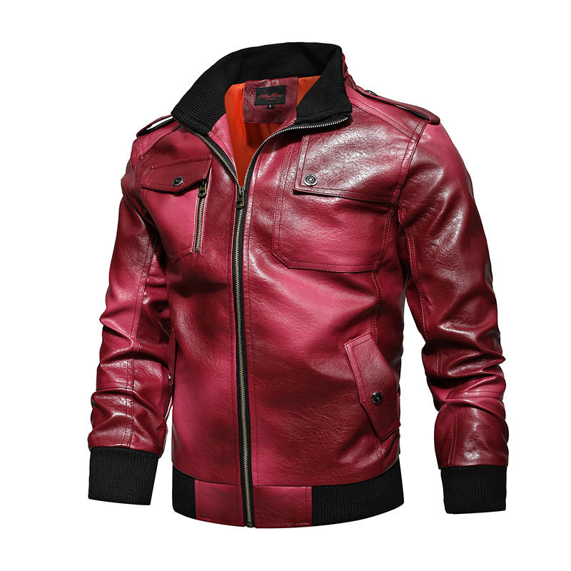 Men's leather pilot style jacket with zipper, shoulder epaulets, and ribbed cuffs Mune Fashion