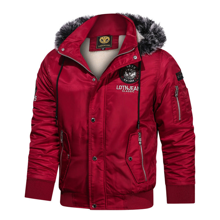 Men's faux fur lined pilot bomber jacket with faux fur hood, multifunctional zippered pockets, and warm thermal lining Mune Fashion