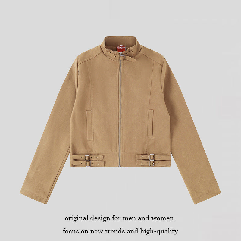 Women's Short Cut Cotton Utility Jacket with Stand-Up Collar Front Zip and Adjustable Waist Straps Mune Fashion
