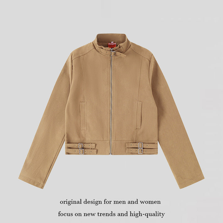 Women's Short Cut Cotton Utility Jacket with Stand-Up Collar Front Zip and Adjustable Waist Straps Mune Fashion
