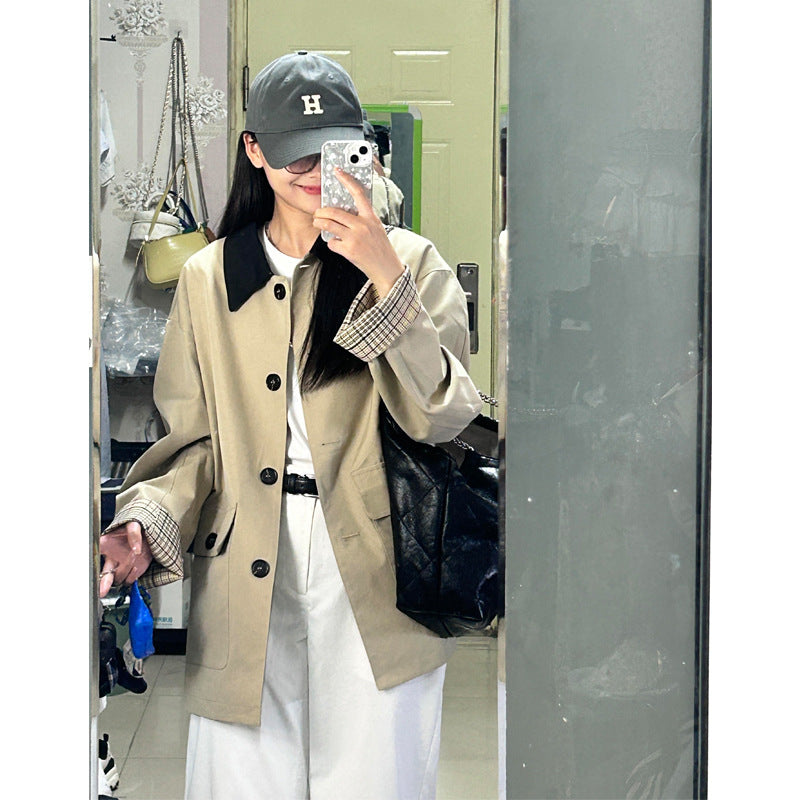 Women Oversized Trench Coat with Contrast Collar and Checked Cuff Umschlag Mune Fashion