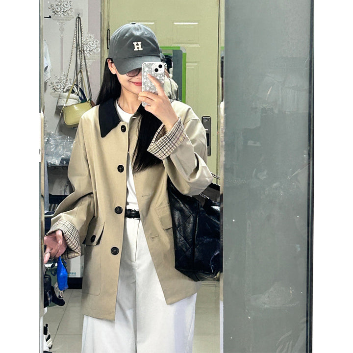 Women Oversized Trench Coat with Contrast Collar and Checked Cuff Umschlag Mune Fashion