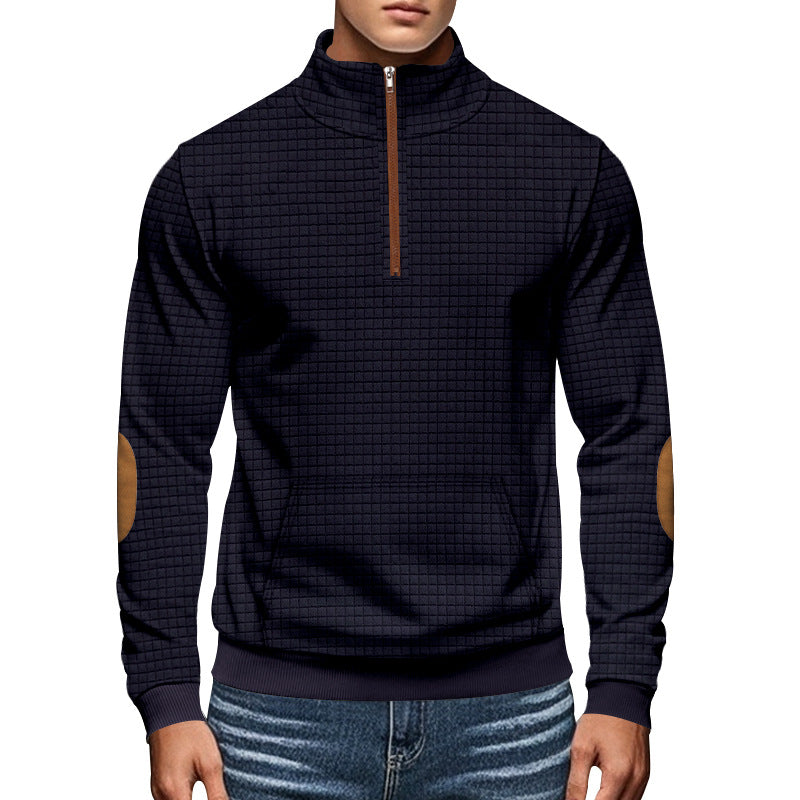 Men's quilted half-zip sweatshirt with stand-up collar, kangaroo pocket, and faux leather elbow patches Mune Fashion