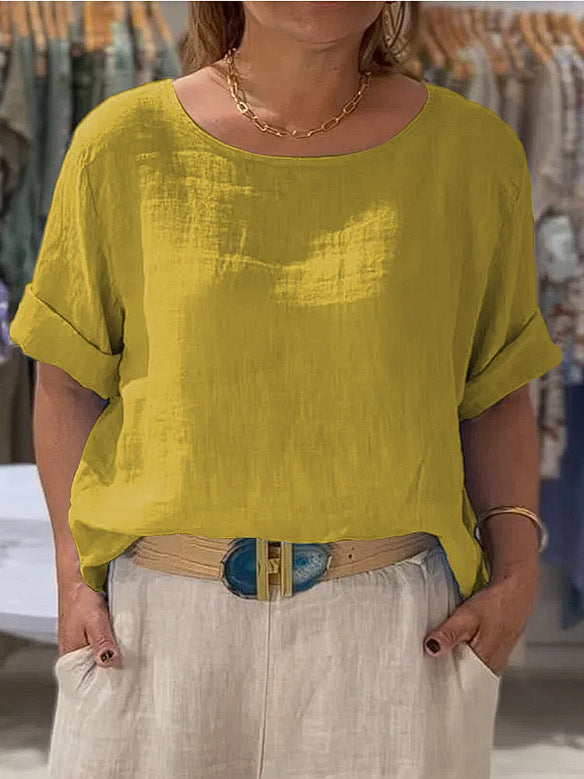 Women Lightweight Linen Blouse with Turned-up Sleeves Mune Fashion