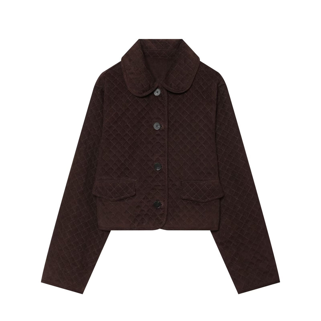 Women's Quilted Cord Jacket in Boxy Cropped Cut with Round Collar and Flap Pockets Mune Fashion