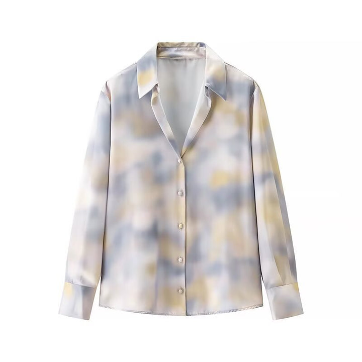 Women's Silky Two-Piece Blouse and Midi Skirt Set with A-Line Skirt and Abstract Watercolor Print Mune Fashion