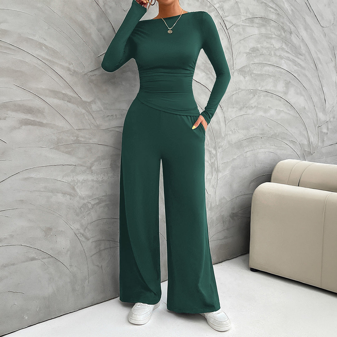 Women's two-piece jersey set with asymmetric wrap look, long-sleeve top, and wide high-waist pants Mune Fashion