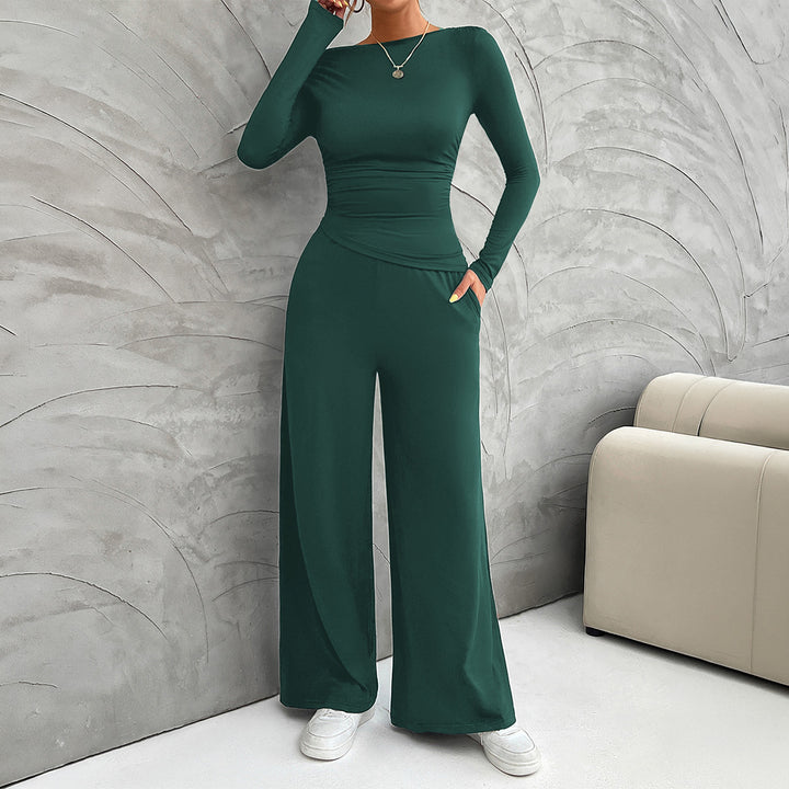 Women's two-piece jersey set with asymmetric wrap look, long-sleeve top, and wide high-waist pants Mune Fashion