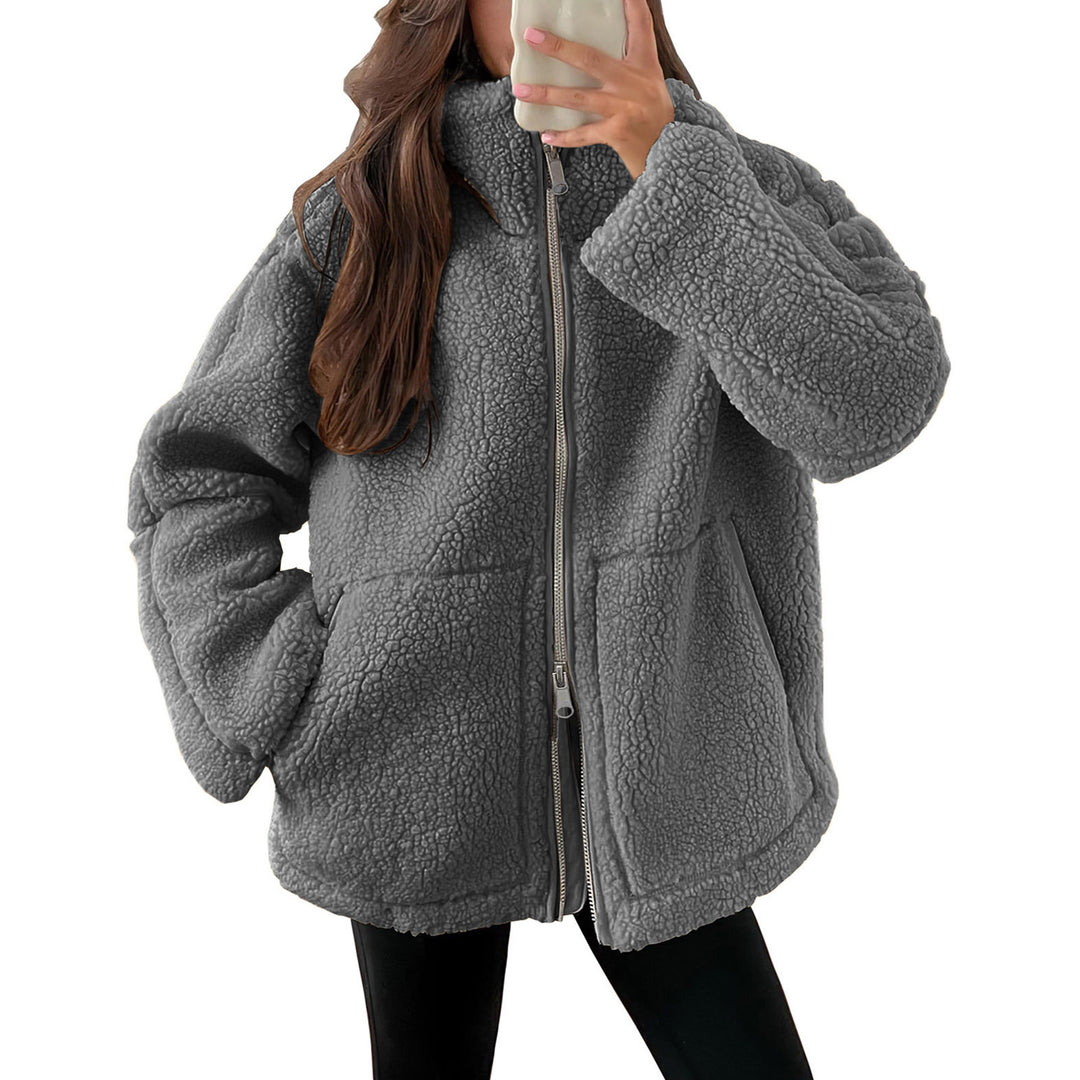 Women's oversized teddy fur jacket with stand-up collar, zipper, and patch pockets Mune Fashion