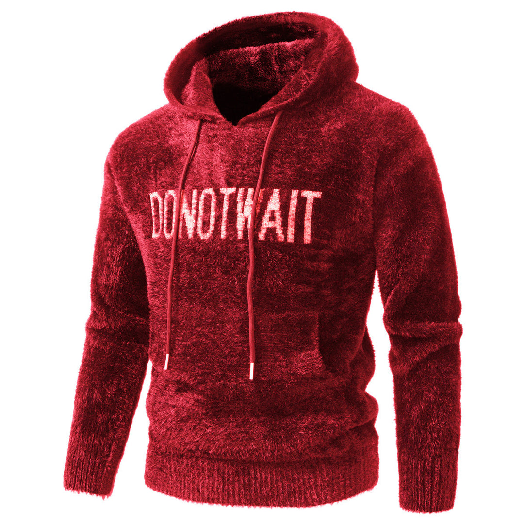 Men's Fluffy Hoodie made of Teddy Fleece with Statement Front Print and Kangaroo Pocket Mune Fashion