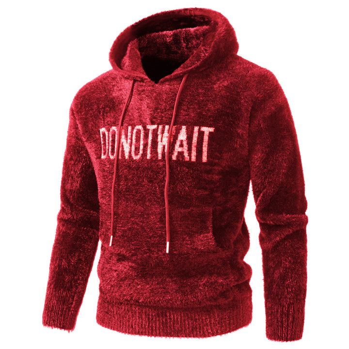 Men's Fluffy Hoodie made of Teddy Fleece with Statement Front Print and Kangaroo Pocket Mune Fashion
