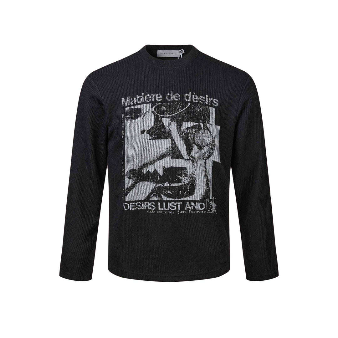 Unisex Ribbed Long Sleeve Shirt with Crew Neck and Distressed Graphic Print Mune Fashion