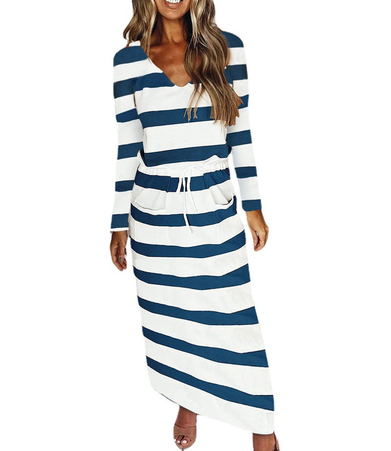 Women's Casual-Elegant Maxi Knit Dress with V-Neck, Drawstring and Side Pockets Mune Fashion