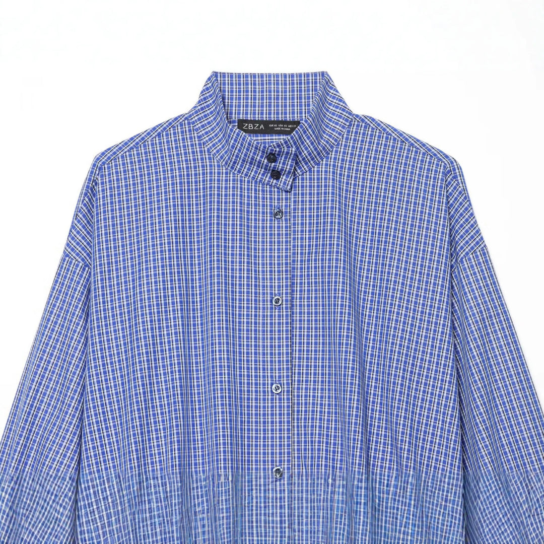 Women's Checkered Cropped Shirt with Stand Collar, Drawstring Hem and Balloon Sleeves Mune Fashion