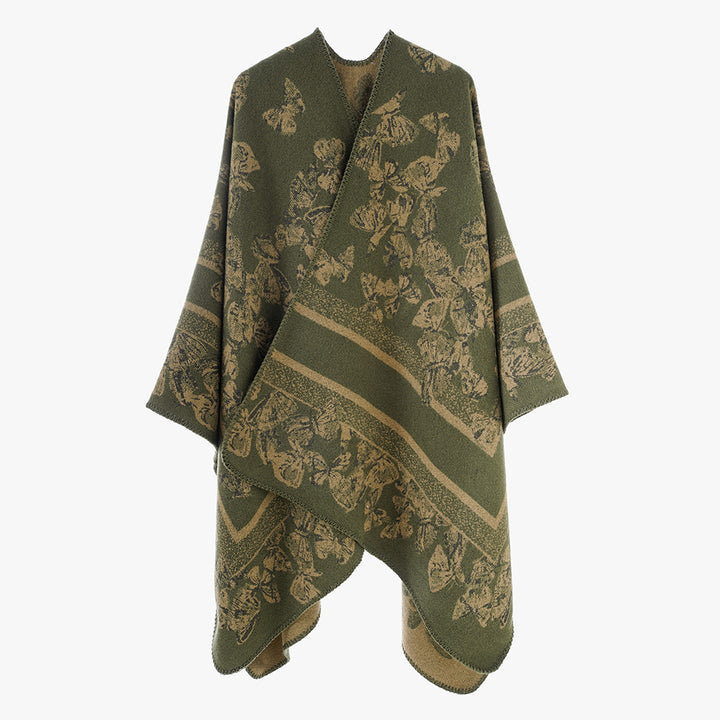 Women's Butterfly Jacquard Ruana made of Wool Blend with Curved Hem Mune Fashion