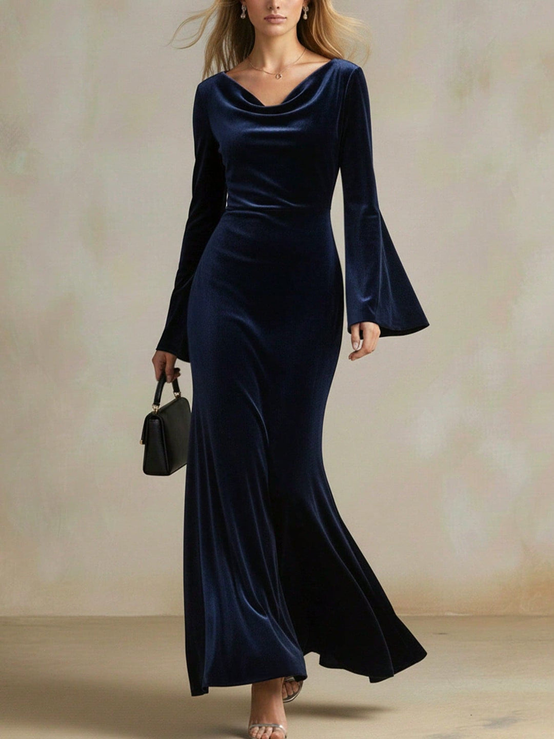 Women's Velvet Evening Dress with Waterfall Neckline, Fitted Silhouette and Flared Trumpet Sleeves Mune Fashion