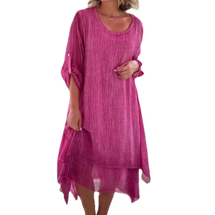 Women’s loose muslin layer midi dress with A-line and roll-up sleeves Mune Fashion