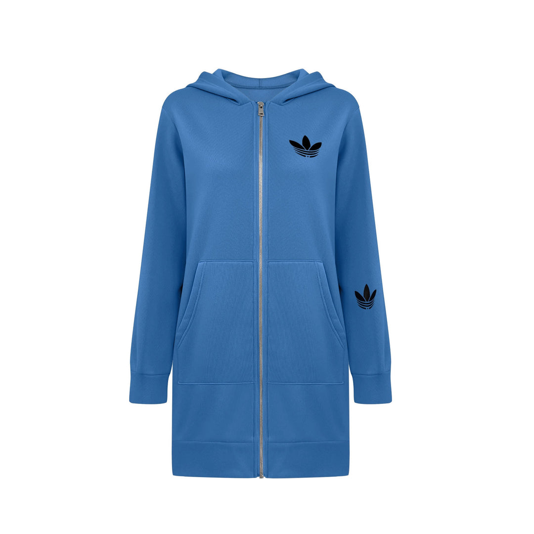 Women's Long Hooded Sweat Jacket with Metal Zipper, Kangaroo Pockets and Figure-Flattering Silhouette Drune