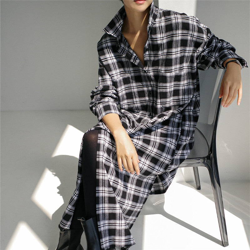 Women's Long Checked Shirt Coat with Waistband and Side Slits Mune Fashion