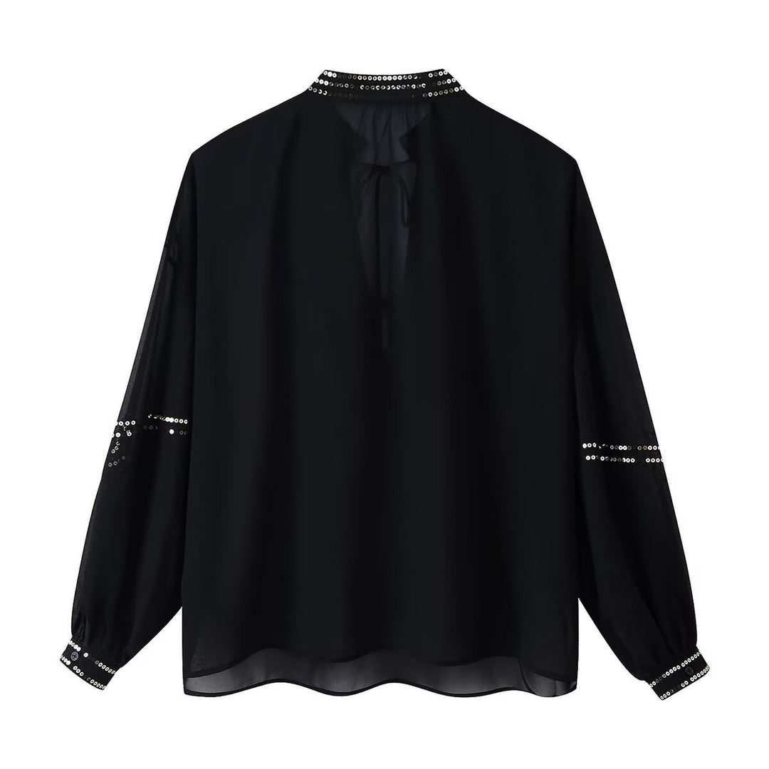 Women Chiffon blouse with sequin trim, balloon sleeves and tie collar Mune Fashion