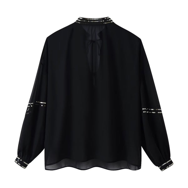 Women Chiffon blouse with sequin trim, balloon sleeves and tie collar Mune Fashion