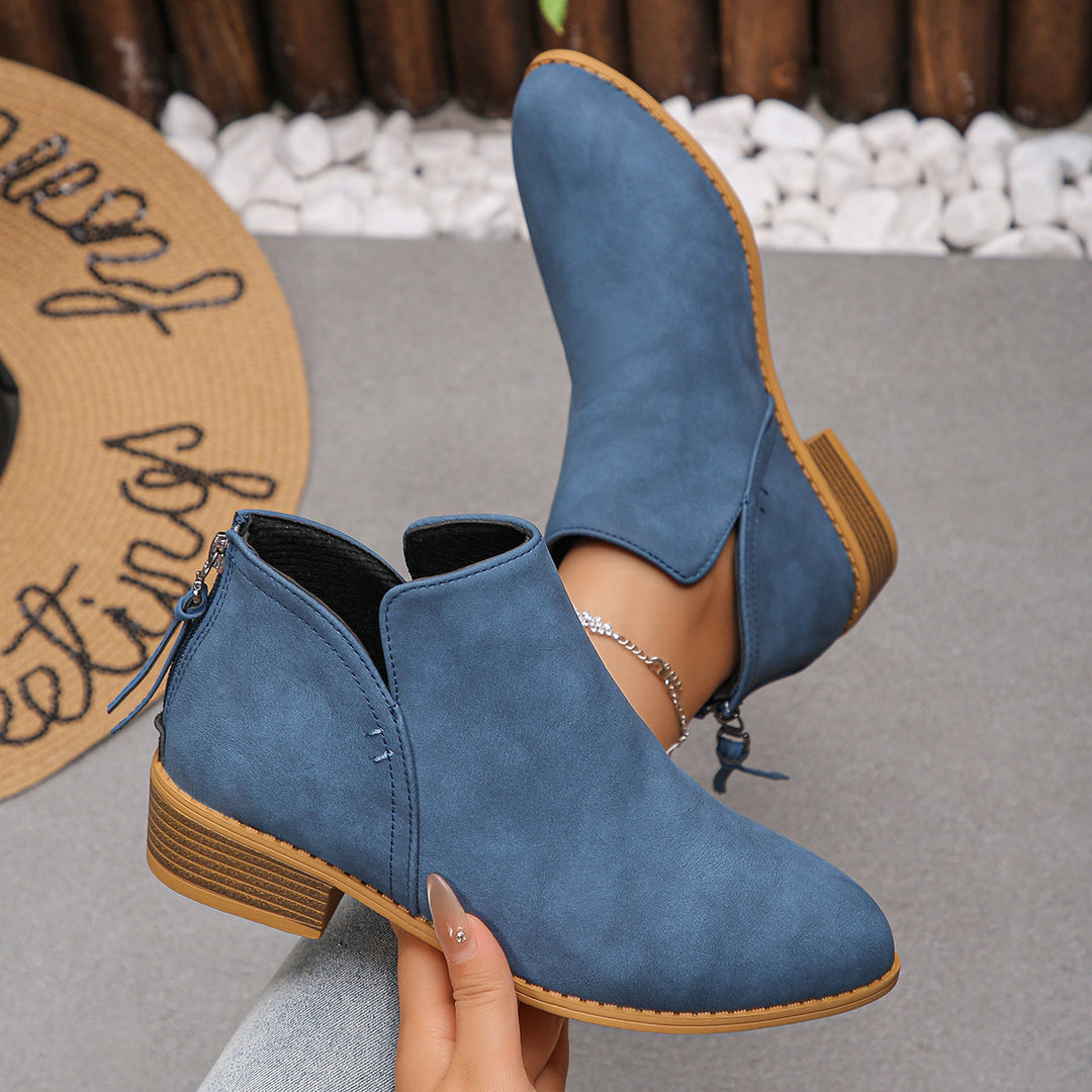 Women's fashionable short ankle boots with rear zipper, low block heel, and padded comfort insole Mune Fashion