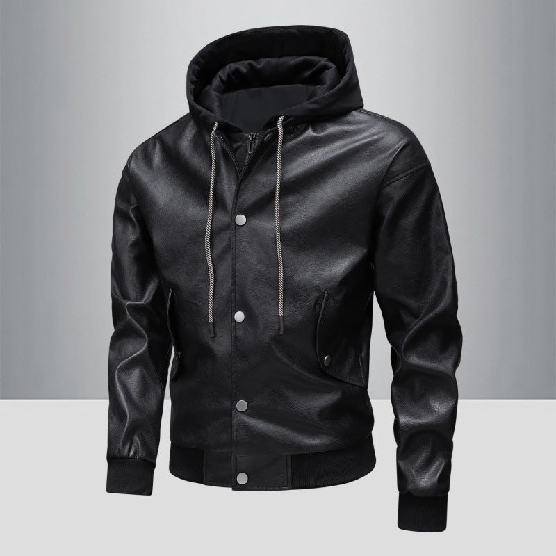 Men's leather bomber jacket with integrated hood insert and ribbed cuffs Mune Fashion