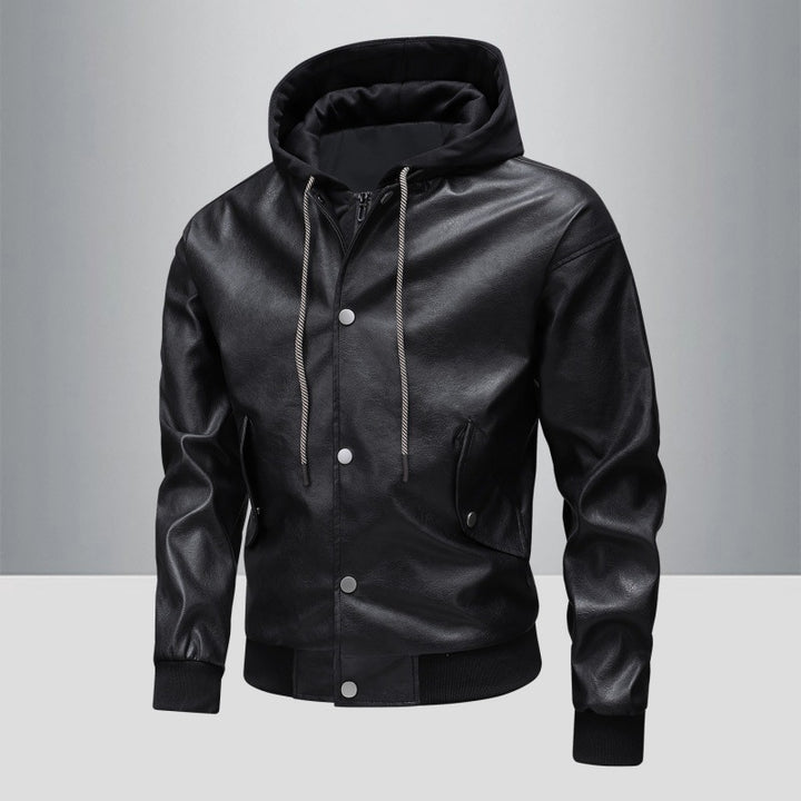 Men's leather bomber jacket with integrated hood insert and ribbed cuffs Mune Fashion