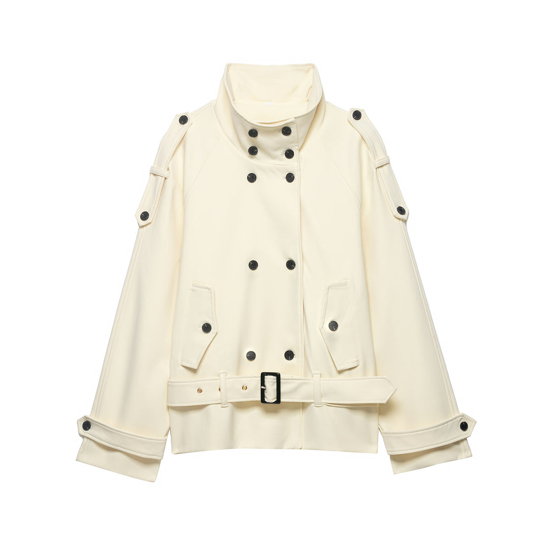 Women’s short coat in trench coat style with double breasted and waist belt Mune Fashion