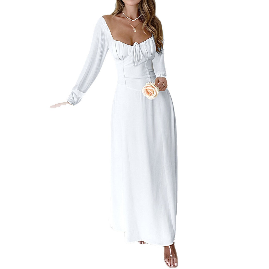 Ladies' maxi dress with corset top, heart neckline, gathered sleeves, and flowing A-line skirt Mune Fashion
