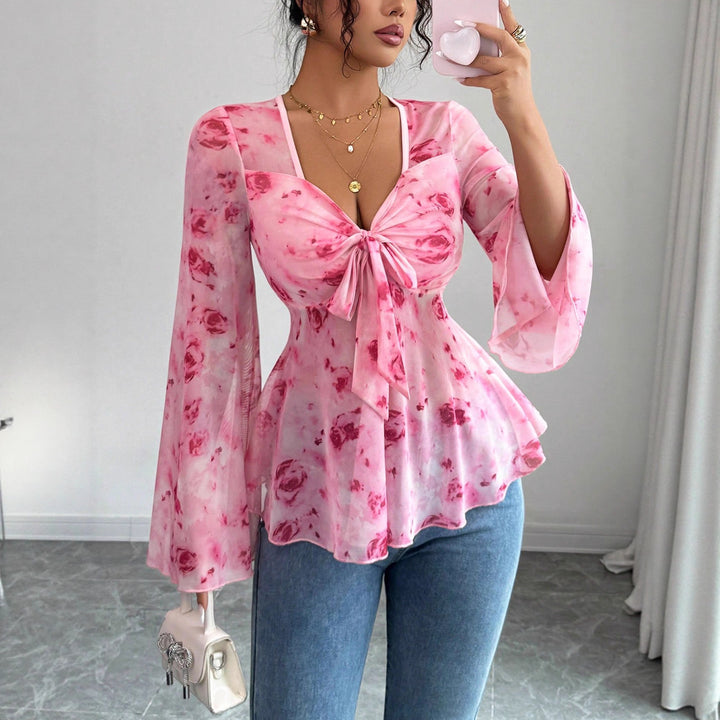Women’s chiffon blouse with tie knot, V-neck and flared bell sleeves Mune Fashion