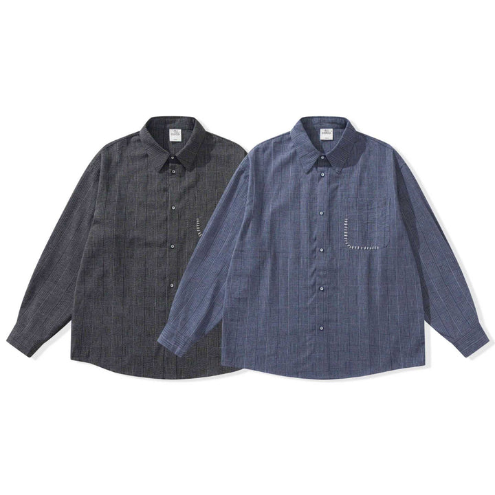 Men's Long Sleeve Oversized Shirt with Textured Check Pattern Look and Decorative Stitch Mune Fashion