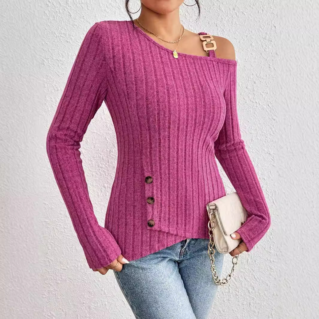 Women's body-hugging ribbed knit top with asymmetric one-shoulder neckline, decorative rectangular strap, and side button placket Mune Fashion