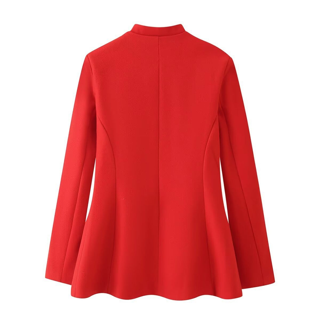 Women's Tailored Short Jacket in Mandarin Style with Keyhole Neckline and Decorative Knot Closures Mune Fashion