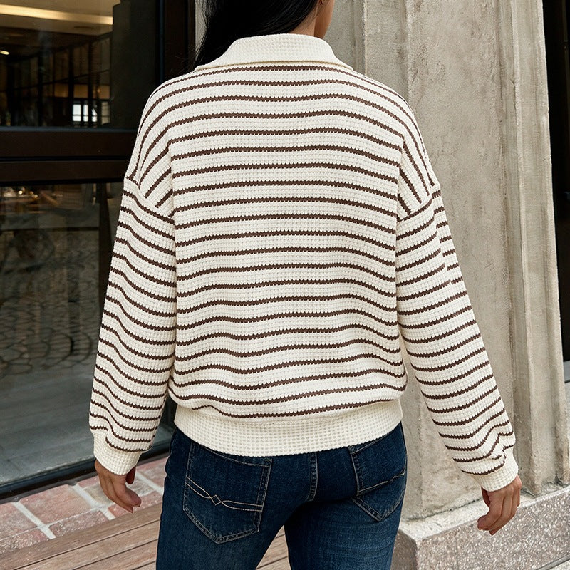 Women's Striped Waffle Knit Sweater with Shirt Collar and V-Neck Mune Fashion