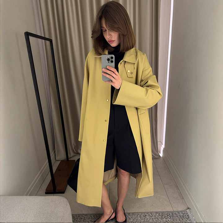 Ladies Maxilong Oversize Trench Coat with Stand Collar and Concealed Snap Placket Mune Fashion
