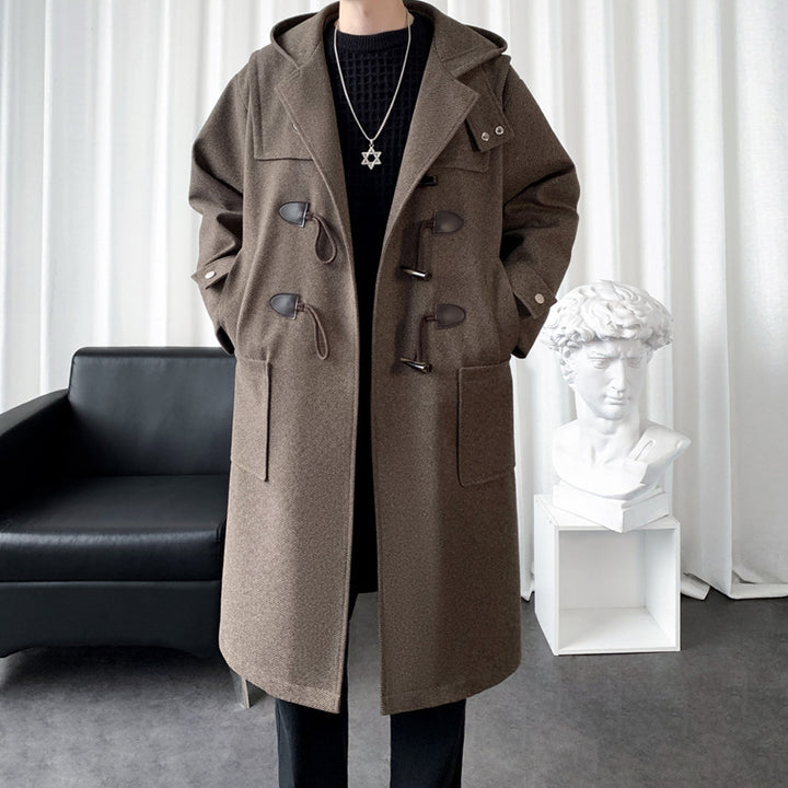 Men's Long Wool Blend Duffle Coat with Hood, Toggle Closures and Patch Pockets Mune Fashion