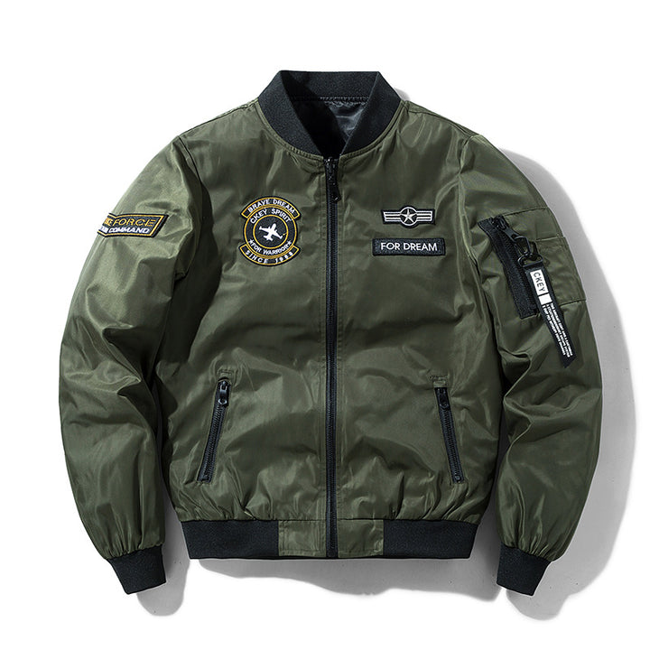 Men's lightweight water-repellent flight bomber jacket with embroidered airplane patches and side pocket on the arm Mune Fashion