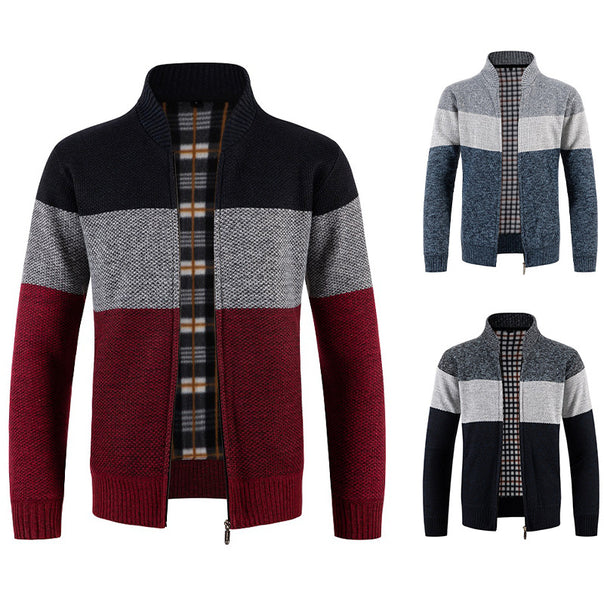 Men's Knitted Zip Cardigan with Stand-Up Collar and Checkered Lining Mune Fashion
