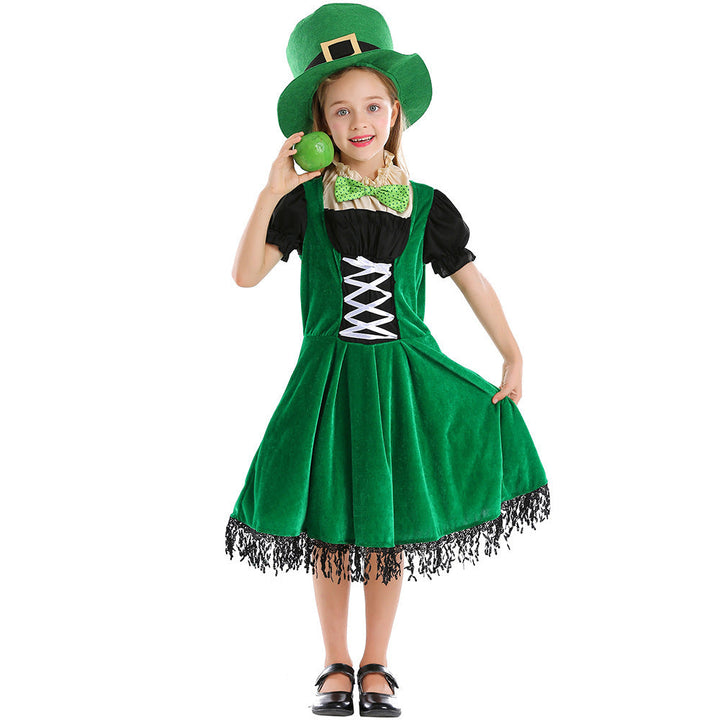 Girl Leprechaun Costume with Green Hat and Fringe Mune Fashion
