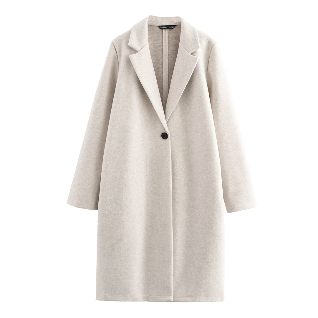 Ladies Purist longline coat with lapel collar, single button closure and soft felt finish Mune Fashion