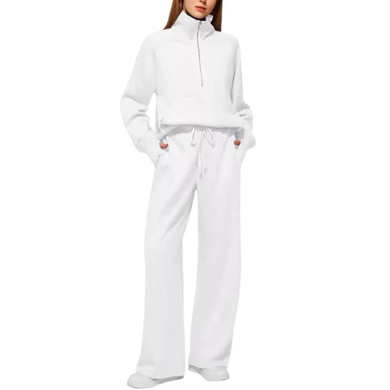 Women's Two-Piece Lounge Set with Half Zip, Stand Collar and Wide Palazzo Pants Mune Fashion