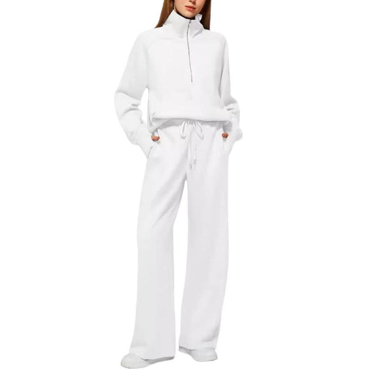 Women's Two-Piece Lounge Set with Half Zip, Stand Collar and Wide Palazzo Pants Mune Fashion