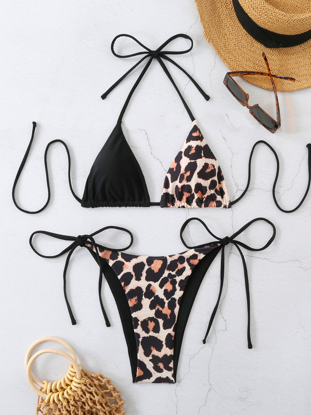 Women Triangle Bikini with modern Leo print and adjustable tie strings Mune Fashion