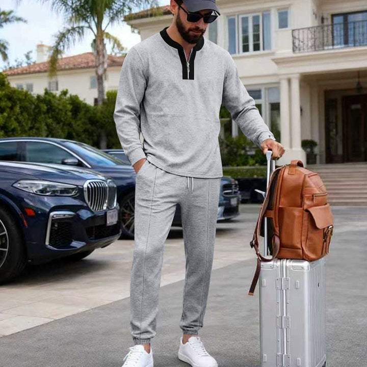 Men's Lightweight Henley Loungewear Set with Contrast Collar, Drawstring Joggers and Elastic Cuffs Mune Fashion