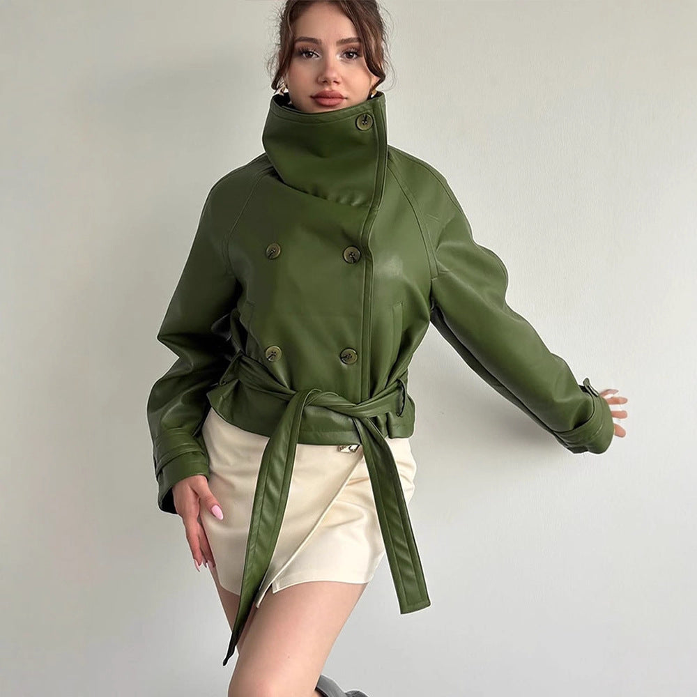 Women Tailored Short Blouson Jacket made of Imitation Leather with High Stand-up Collar and Ties Belt Mune Fashion