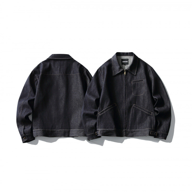 Men's Boxy Denim Jacket in Worker Style with Full Zip and Chest Pocket Mune Fashion