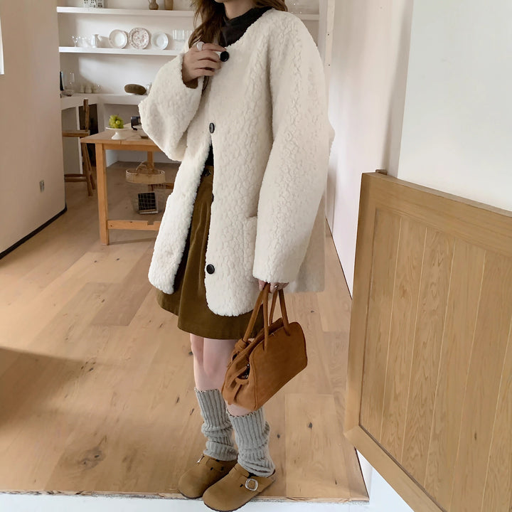 Ladies Oversized Teddy Coat with Round Neck, Large Button Placket and Patch Pockets Mune Fashion